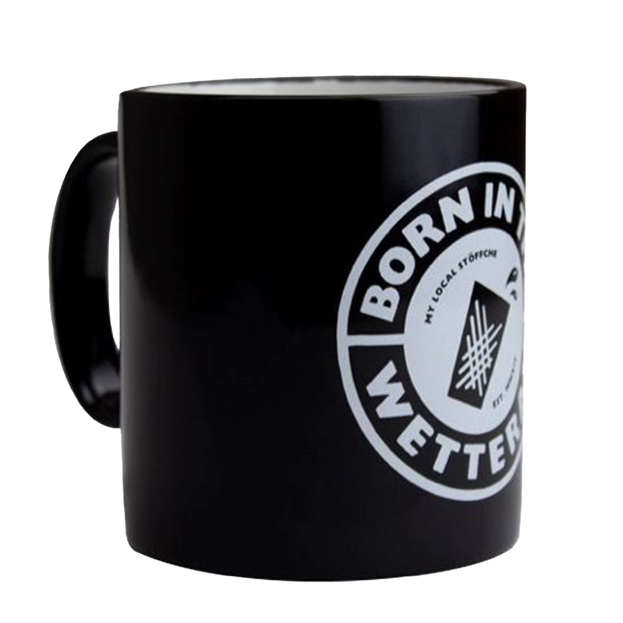 Tasse schwarz mit weißem Logo